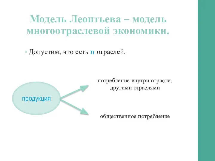 Модель Леонтьева – модель многоотраслевой экономики. Допустим, что есть n отраслей.