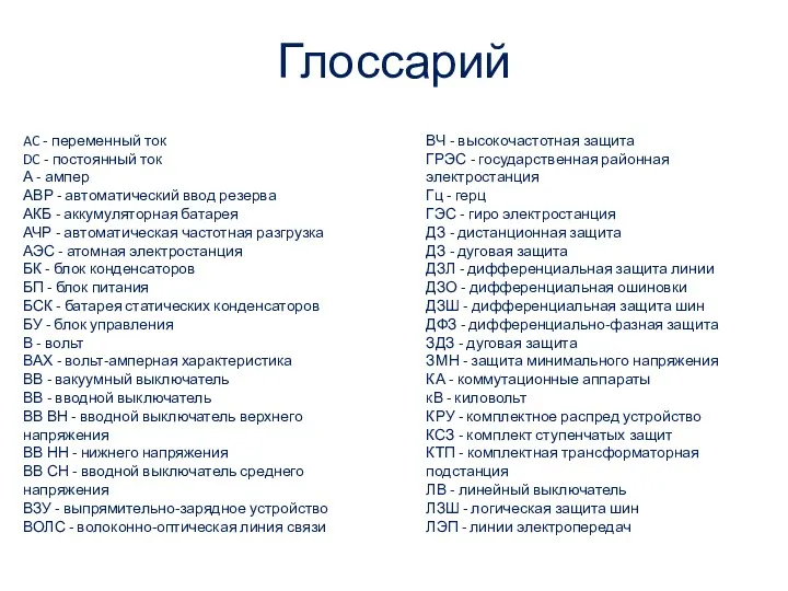 Глоссарий AC - переменный ток DC - постоянный ток А