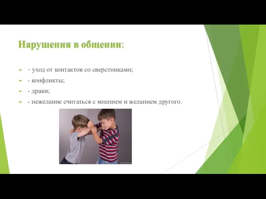 Нарушения в общении: - уход от контактов со сверстниками; -