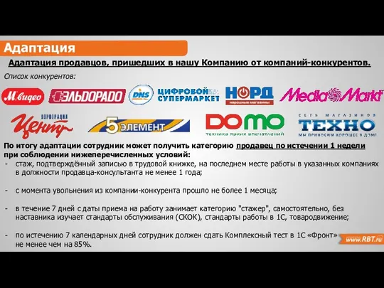 Адаптация Адаптация продавцов, пришедших в нашу Компанию от компаний-конкурентов. Список