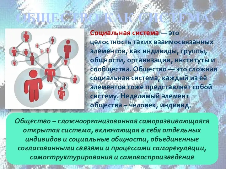 ОБЩЕСТВО КАК СИСТЕМА Социальная система — это целостность таких взаимосвязанных