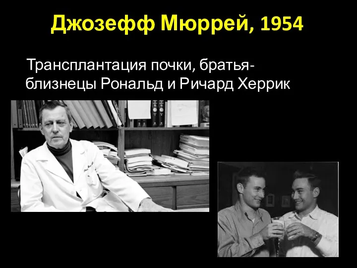 Джозефф Мюррей, 1954 Трансплантация почки, братья-близнецы Рональд и Ричард Херрик