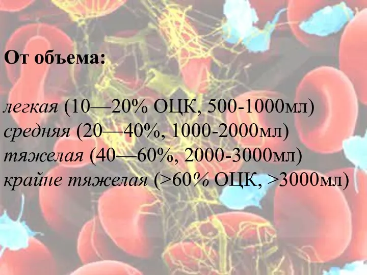 От объема: легкая (10—20% ОЦК, 500-1000мл) средняя (20—40%, 1000-2000мл) тяжелая