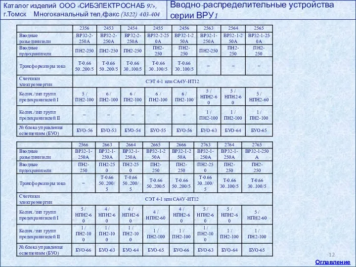 Каталог изделий ООО «СИБЭЛЕКТРОСНАБ 97», г.Томск Многоканальный тел/факс (3822) 403-404 Вводно-распределительные устройства серии ВРУ1 Оглавление