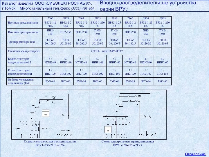 Каталог изделий ООО «СИБЭЛЕКТРОСНАБ 97», г.Томск Многоканальный тел/факс (3822) 403-404 Вводно-распределительные устройства серии ВРУ1 Оглавление