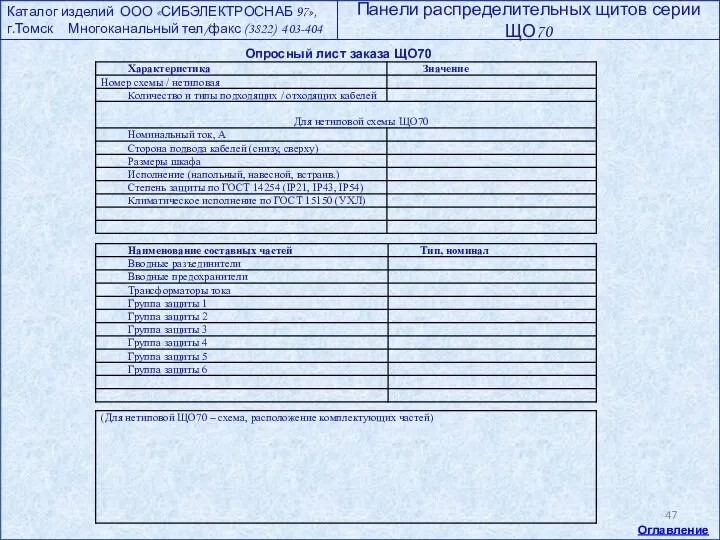 Опросный лист заказа ЩО70 Оглавление