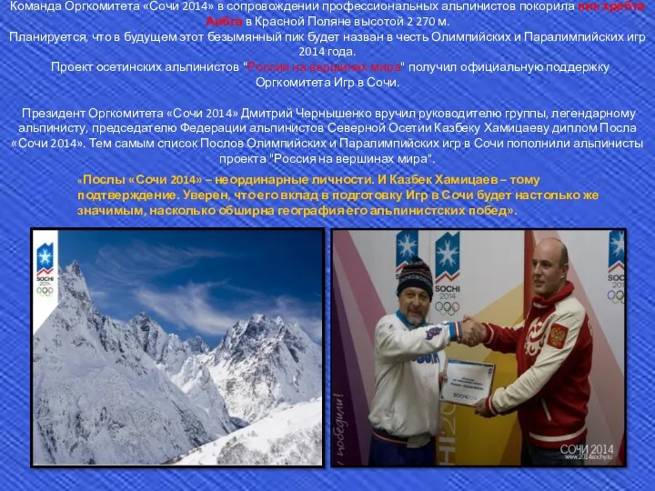 Команда Оргкомитета «Сочи 2014» в сопровождении профессиональных альпинистов покорила пик