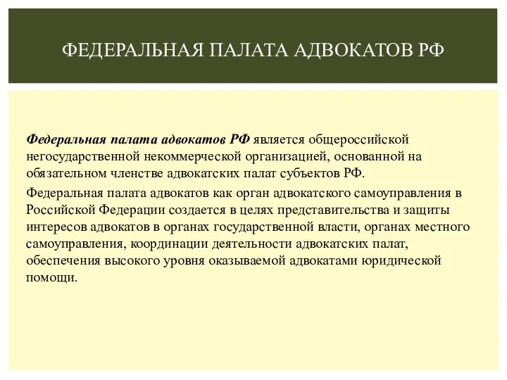 Федеральная палата адвокатов РФ является общероссийской негосударственной некоммерческой организацией, основанной