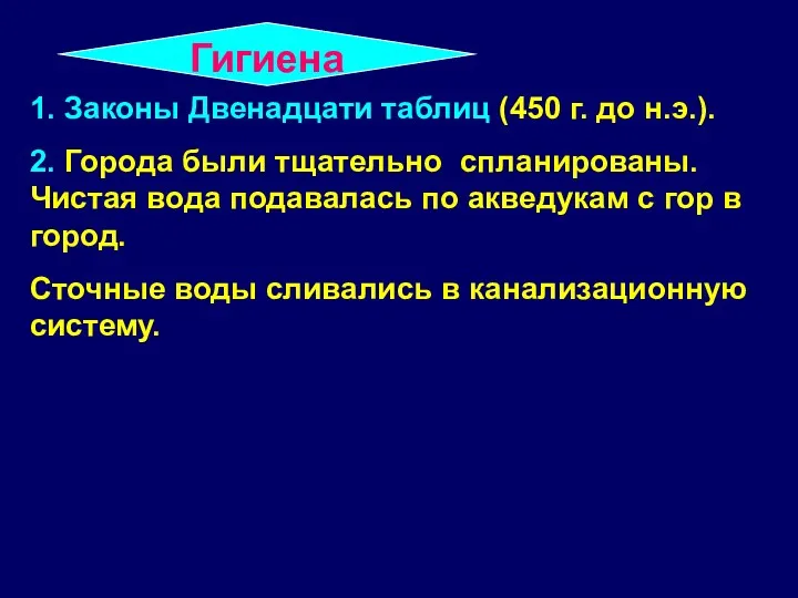 Гигиена 1. Законы Двенадцати таблиц (450 г. до н.э.). 2.