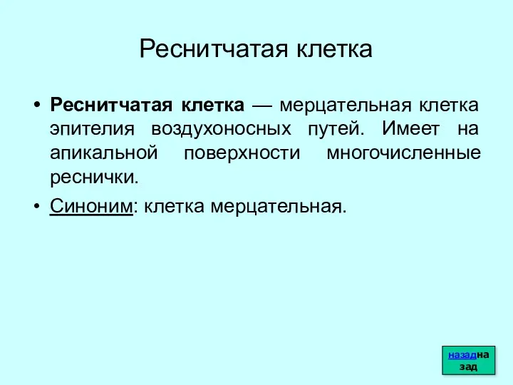 Реснитчатая клетка Реснитчатая клетка — мерцательная клетка эпителия воздухоносных путей.