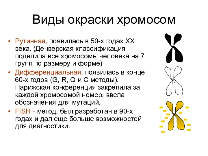Виды окраски хромосом Рутинная, появилась в 50-х годах ХХ века.