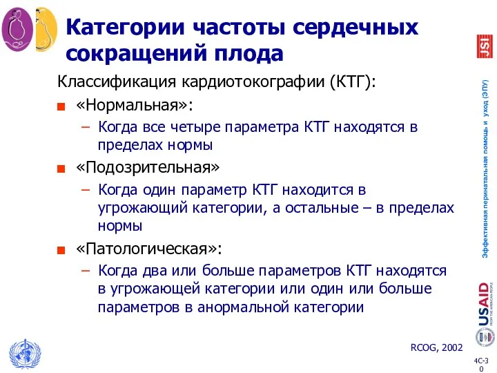 Категории частоты сердечных сокращений плода RCOG, 2002 Классификация кардиотокографии (КТГ):