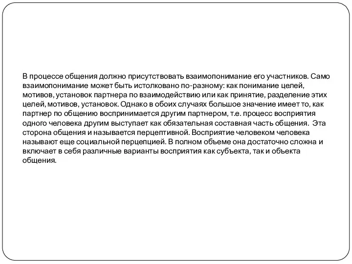 В процессе общения должно присутствовать взаимопонимание его участников. Само взаимопонимание