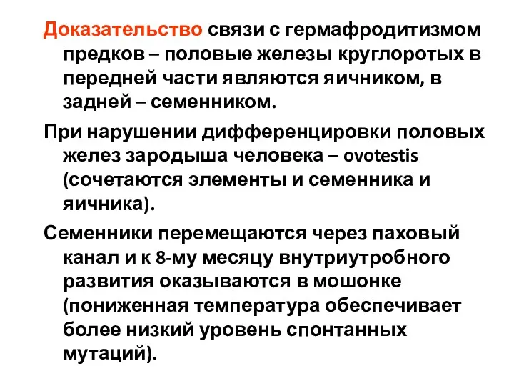 Доказательство связи с гермафродитизмом предков – половые железы круглоротых в