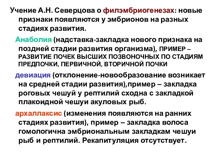 Учение А.Н. Северцова о филэмбриогенезах: новые признаки появляются у эмбрионов