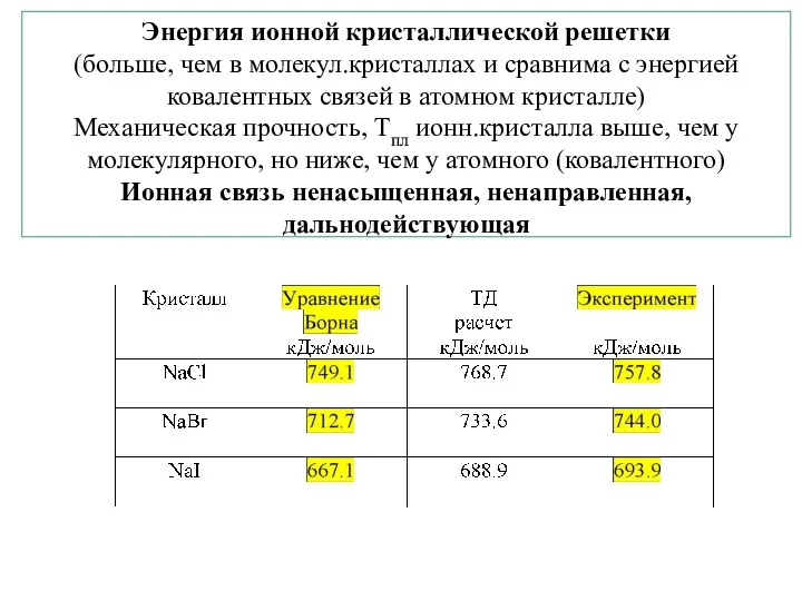 Энергия ионной кристаллической решетки (больше, чем в молекул.кристаллах и сравнима