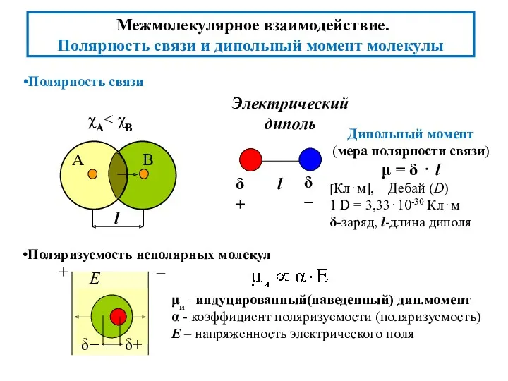 Полярность связи Дипольный момент (мера полярности связи) μ = δ