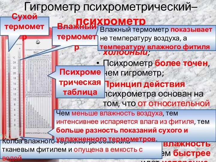 Гигрометр психрометрический– психрометр По др. гречески "психрос" означает холодный; Психрометр