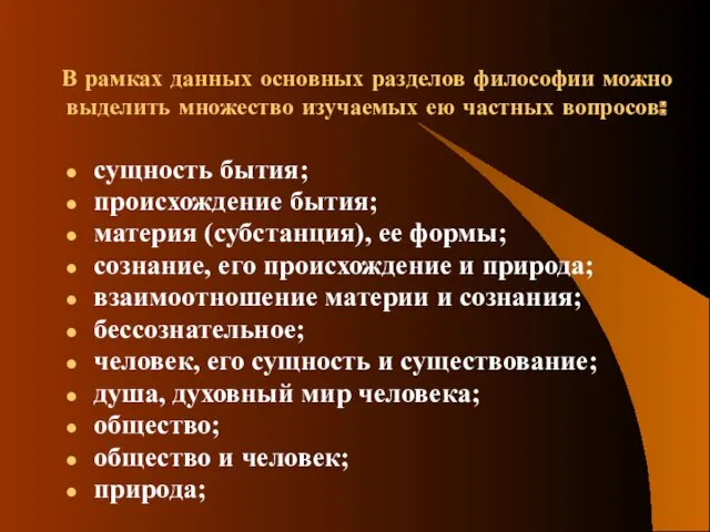 В рамках данных основных разделов философии можно выделить множество изучаемых