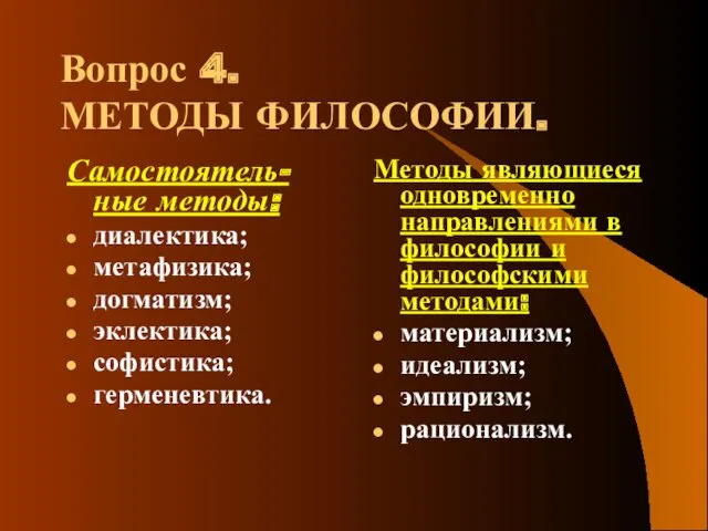 Вопрос 4. МЕТОДЫ ФИЛОСОФИИ. Самостоятель- ные методы: диалектика; метафизика; догматизм;