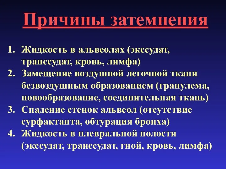 Жидкость в альвеолах (экссудат, транссудат, кровь, лимфа) Замещение воздушной легочной