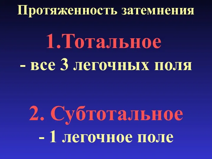 Протяженность затемнения Тотальное - все 3 легочных поля 2. Субтотальное - 1 легочное поле