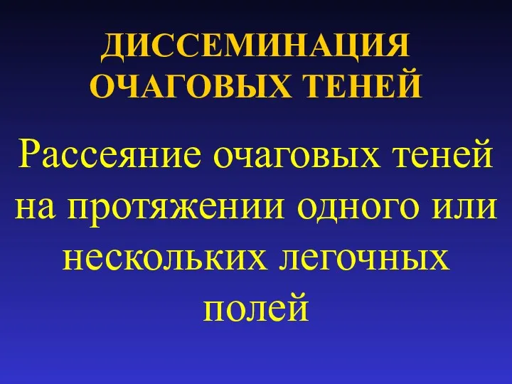 ДИССЕМИНАЦИЯ ОЧАГОВЫХ ТЕНЕЙ Рассеяние очаговых теней на протяжении одного или нескольких легочных полей