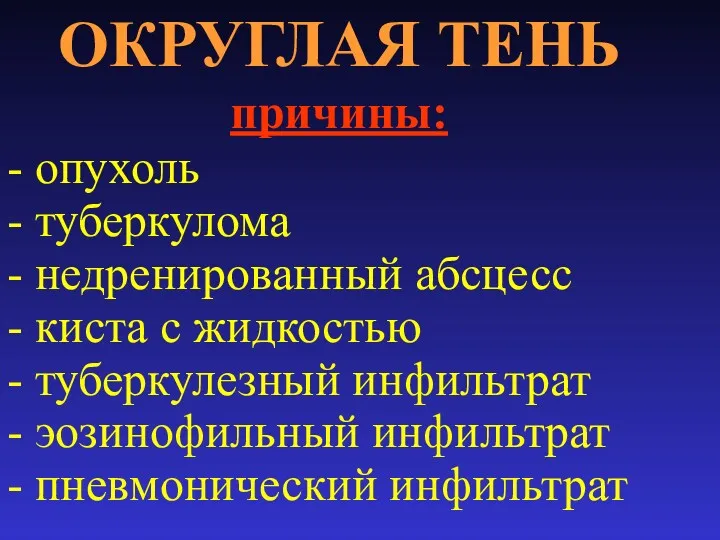 ОКРУГЛАЯ ТЕНЬ причины: - опухоль - туберкулома - недренированный абсцесс