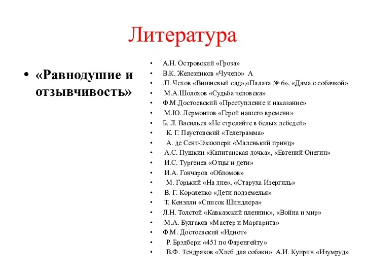 Литература «Равнодушие и отзывчивость» А.Н. Островский «Гроза» В.К. Железников «Чучело» А .П. Чехов