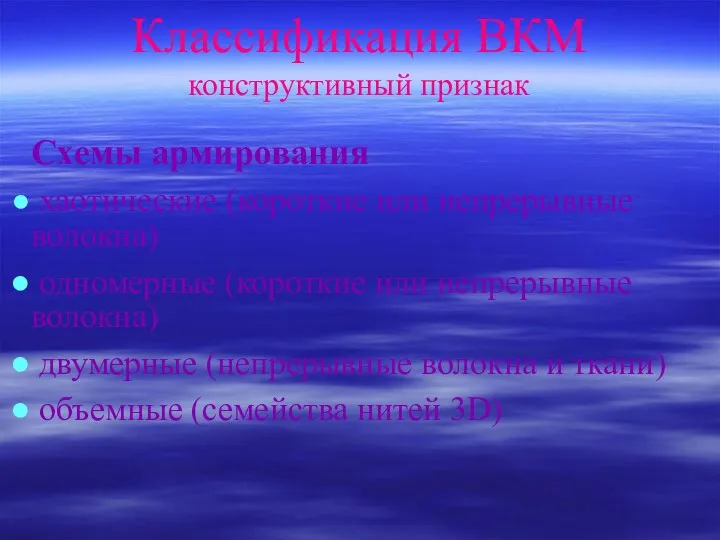 Классификация ВКМ конструктивный признак Схемы армирования хаотические (короткие или непрерывные