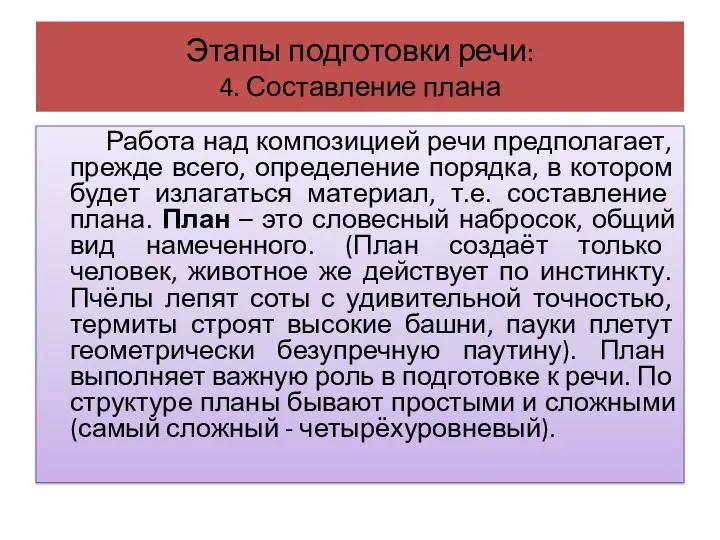 Этапы подготовки речи: 4. Составление плана Работа над композицией речи