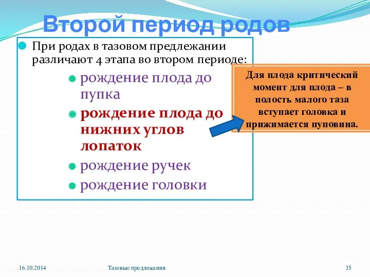 Второй период родов При родах в тазовом предлежании различают 4