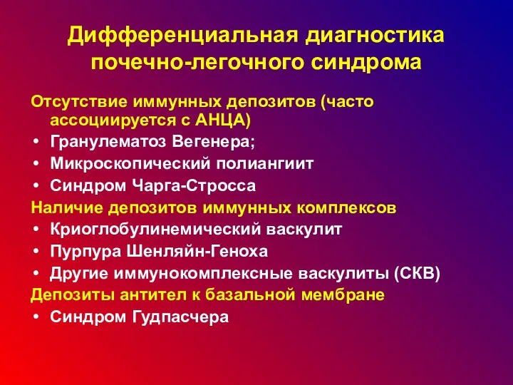 Дифференциальная диагностика почечно-легочного синдрома Отсутствие иммунных депозитов (часто ассоциируется с