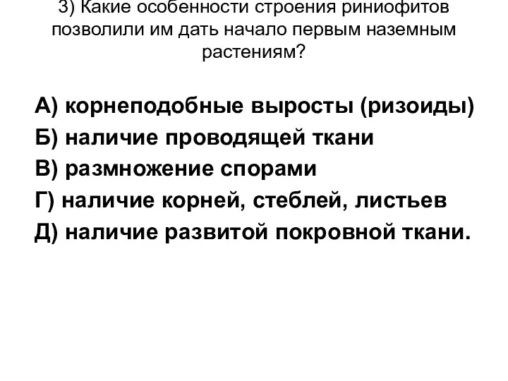 3) Какие особенности строения риниофитов позволили им дать начало первым