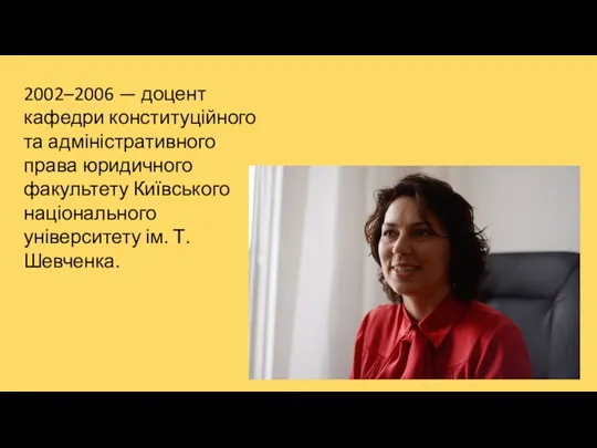 2002–2006 — доцент кафедри конституційного та адміністративного права юридичного факультету Київського національного університету ім. Т. Шевченка.