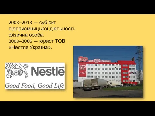 2003–2013 — суб'єкт підприємницької діяльності-фізична особа. 2003–2006 — юрист ТОВ «Нестле Україна».