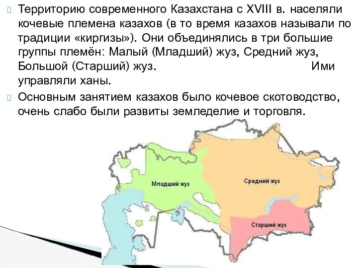 Территорию современного Казахстана с XVIII в. населяли кочевые племена казахов