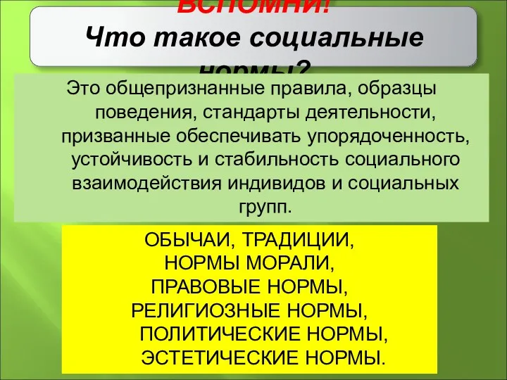 ВСПОМНИ! Что такое социальные нормы? Это общепризнанные правила, образцы поведения,