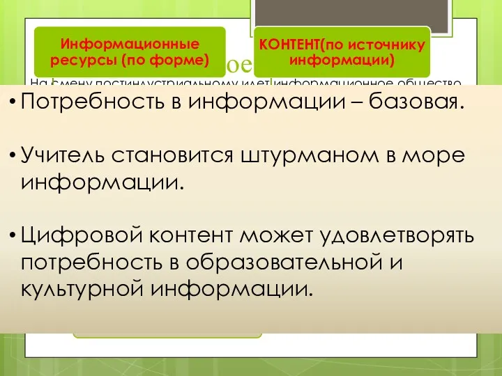 Информационное цунами На смену постиндустриальному идет информационное общество. Объем информации,