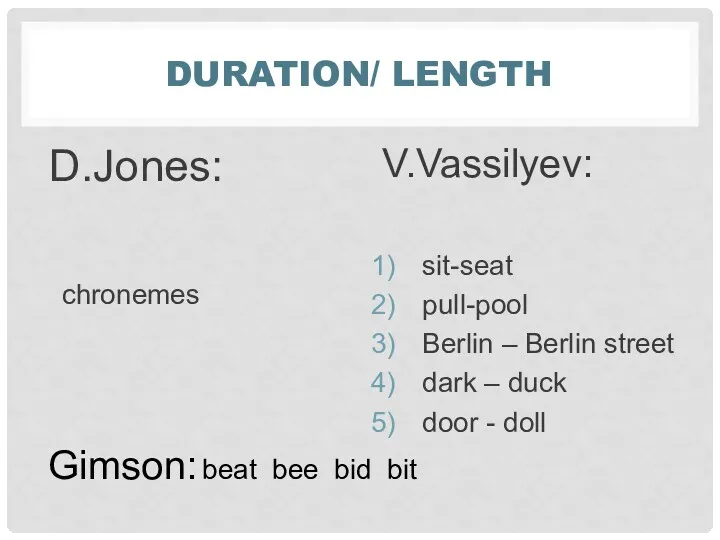 DURATION/ LENGTH D.Jones: chronemes V.Vassilyev: sit-seat pull-pool Berlin – Berlin