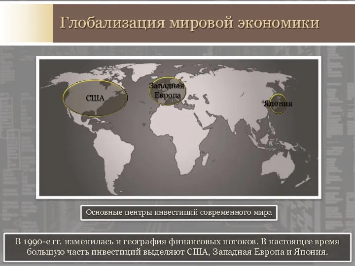 Глобализация мировой экономики Основные центры инвестиций современного мира В 1990-е