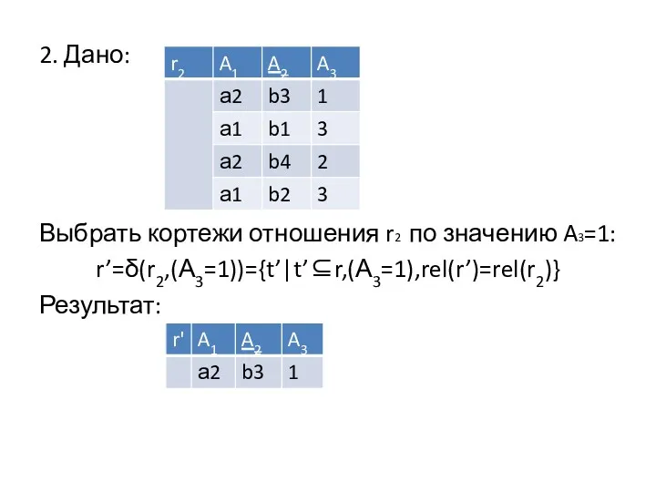 2. Дано: Выбрать кортежи отношения r2 по значению A3=1: r’=δ(r2,(А3=1))={t’|t’⊆r,(А3=1),rel(r’)=rel(r2)} Результат: