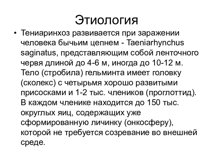 Этиология Тениаринхоз развивается при заражении человека бычьим цепнем - Taeniarhynchus