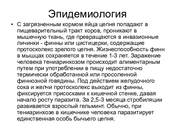 Эпидемиология С загрязненным кормом яйца цепня попадают в пищеварительный тракт