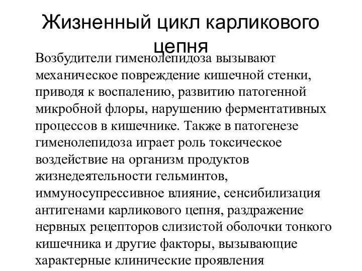 Жизненный цикл карликового цепня Возбудители гименолепидоза вызывают механическое повреждение кишечной