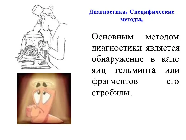 Диагностика. Специфические методы. Основным методом диагностики является обнаружение в кале яиц гельминта или фрагментов его стробилы.