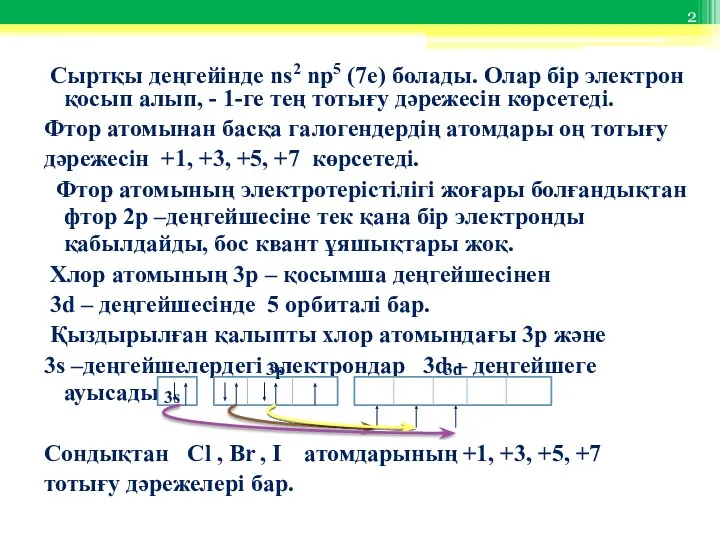 Сыртқы деңгейінде ns2 np5 (7е) болады. Олар бір электрон қосып