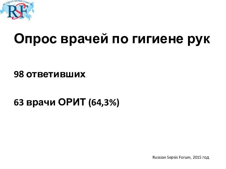 Russian Sepsis Forum, 2015 год Опрос врачей по гигиене рук 98 ответивших 63 врачи ОРИТ (64,3%)