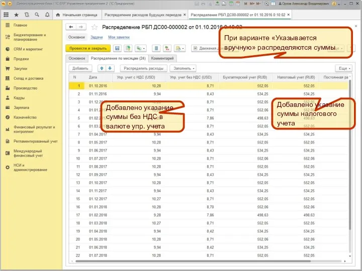 При варианте «Указывается вручную» распределяются суммы Добавлено указание суммы без