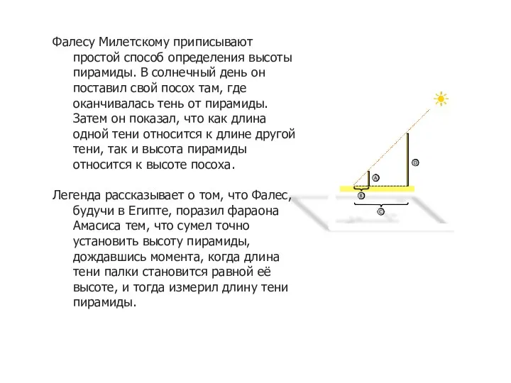 Фалесу Милетскому приписывают простой способ определения высоты пирамиды. В солнечный